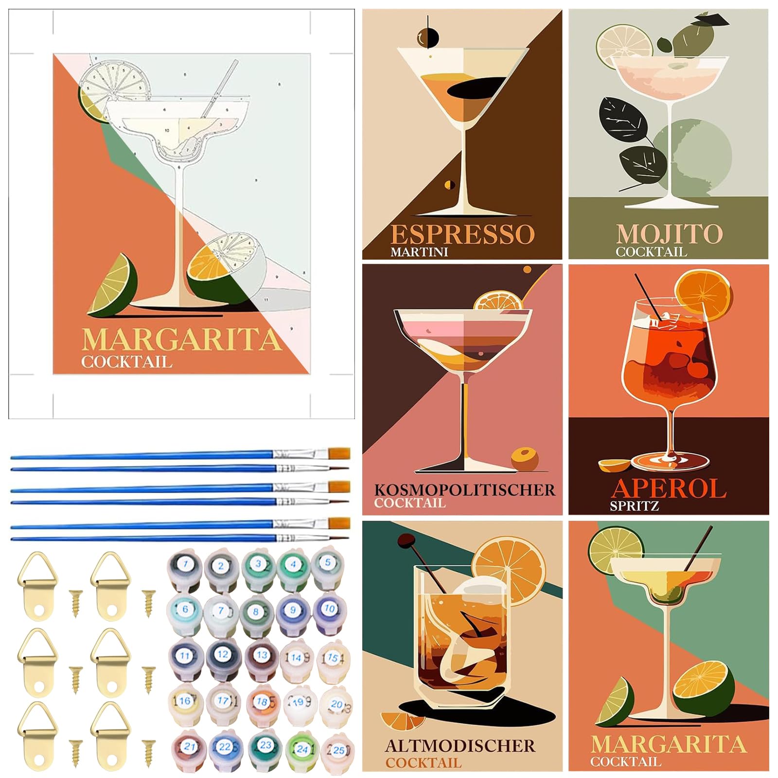 HSYWSH 6 Pcs Cocktail Paint by Numbers for Adults, DIY Painting by Numbers for Adults, Hand Painted Oil Painting Canvas Kits with Brushes and Acrylic, for Home Wall Decor, 8x12 inchs (Color 1)