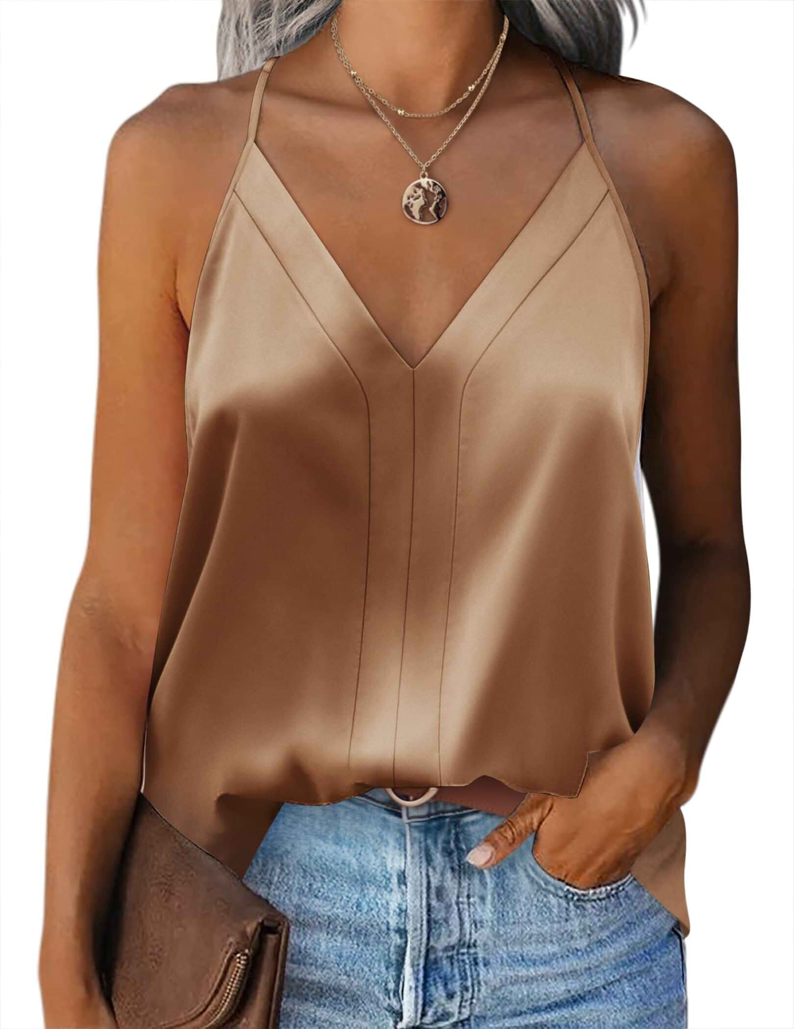 Zeagoo Womens Silk Satin Tank Tops V Neck Sleeveless Blouse Camisole Top Adjustable Spaghetti Straps, Loose Fit Racerback Cami Shirts, Dressy Work Clothes, Business Casual Spring Summer Outfits