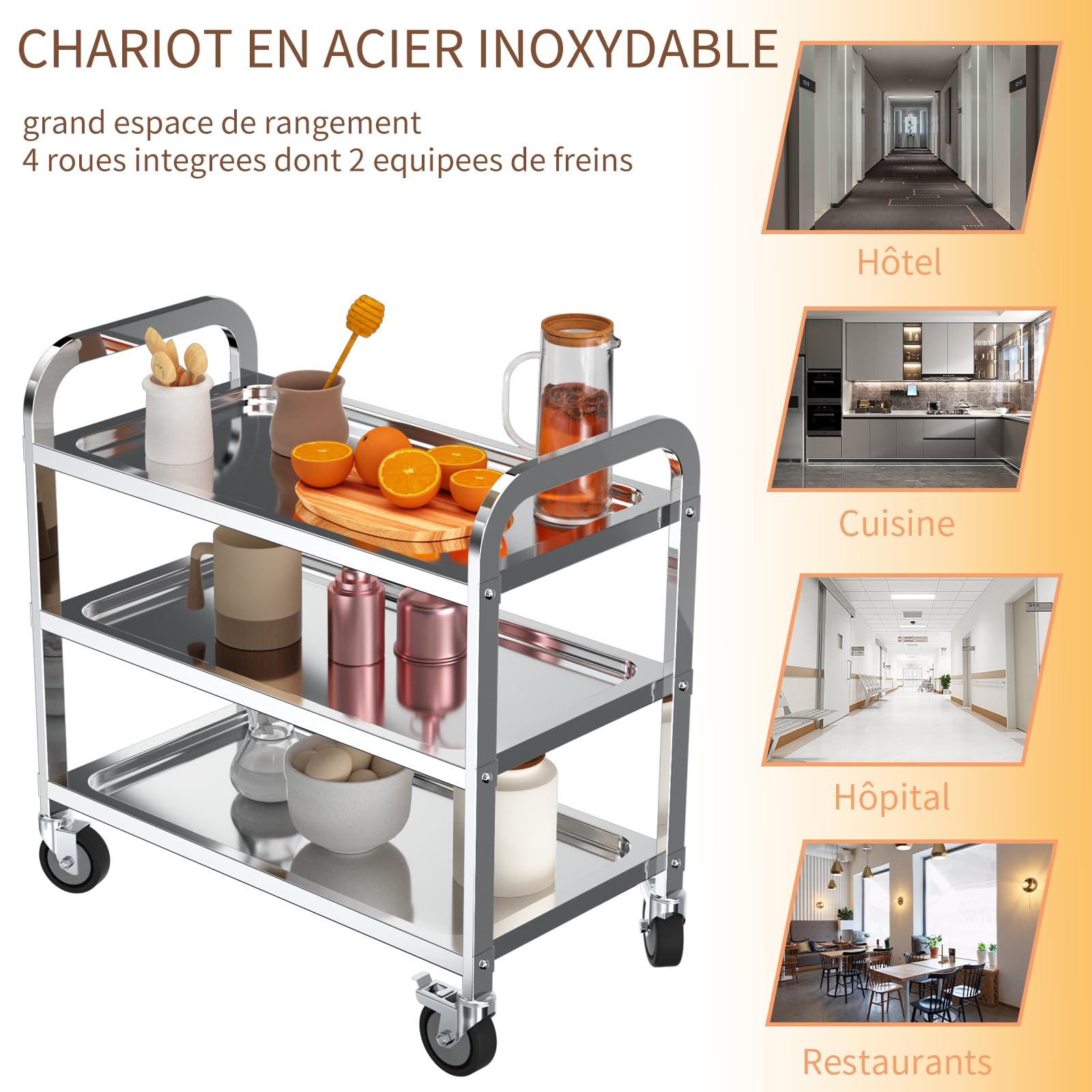 TAIMIKO Carrello di servizio in acciaio INOX con 3 ripiani, 95 x 50 x 95 cm, con ruote, 4 misure a scelta