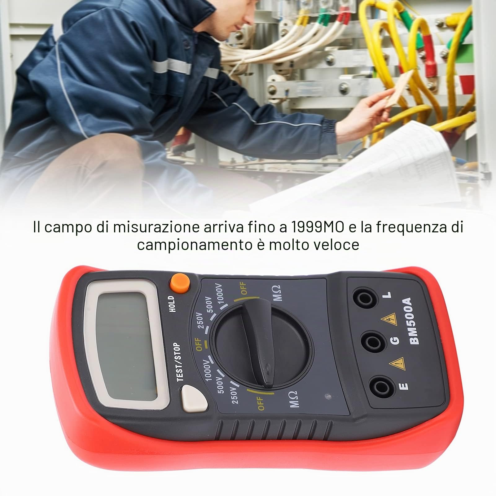 Tester di Resistenza di Isolamento, BM500A 1000 V Misuratore di Resistenza LCD Misuratore Digitale della Resistenza di Isolamento Megaohmmetro Digitale Megaohmmetro per Motori,