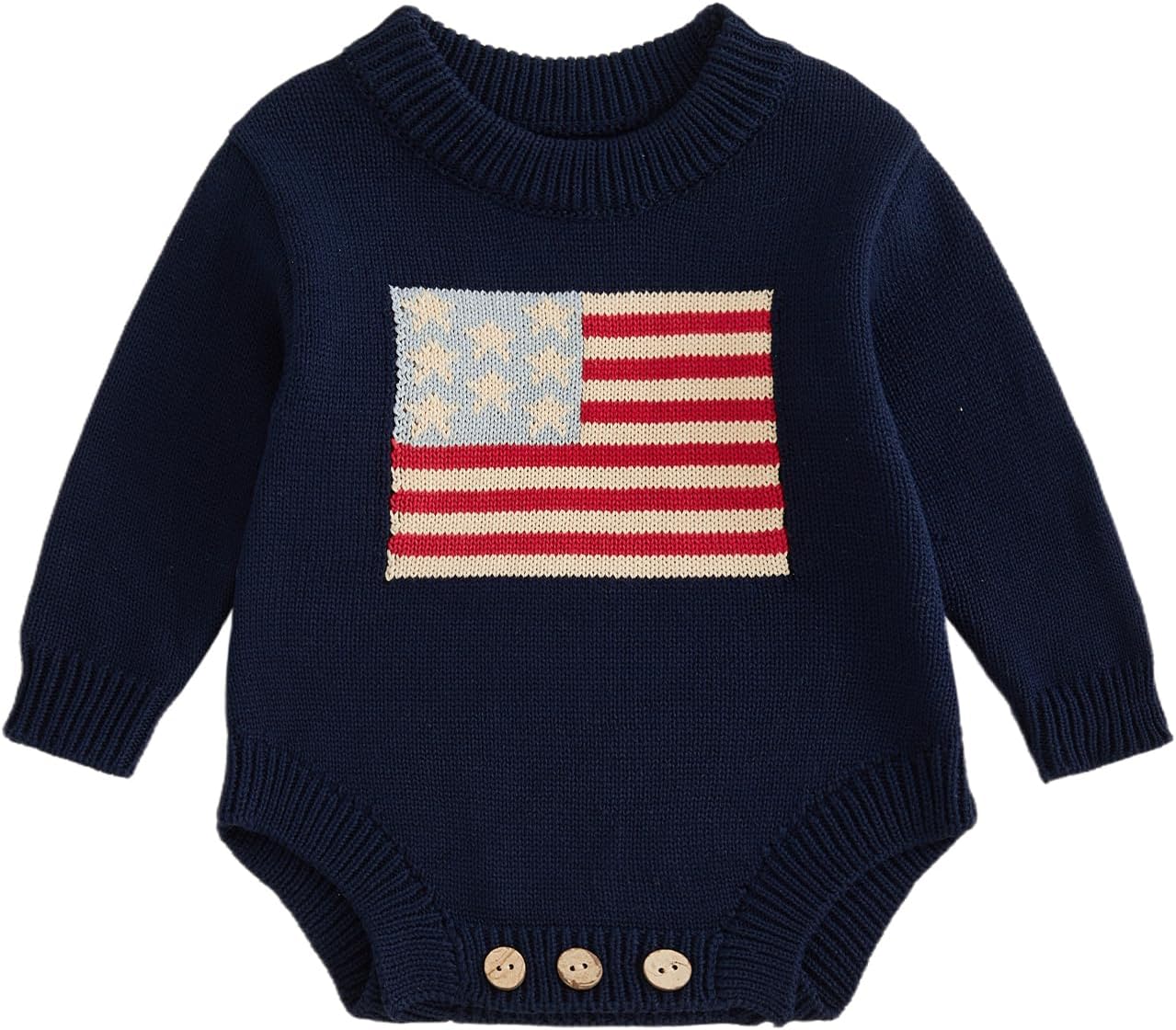 Newborn Baby Boy Girl 4th of July Outfit American Flag Long Sleeve Knit Sweater Bubble Romper Patriotic Clothes