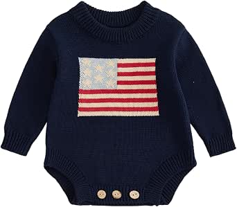 Newborn Baby Boy Girl 4th of July Outfit American Flag Knit Romper