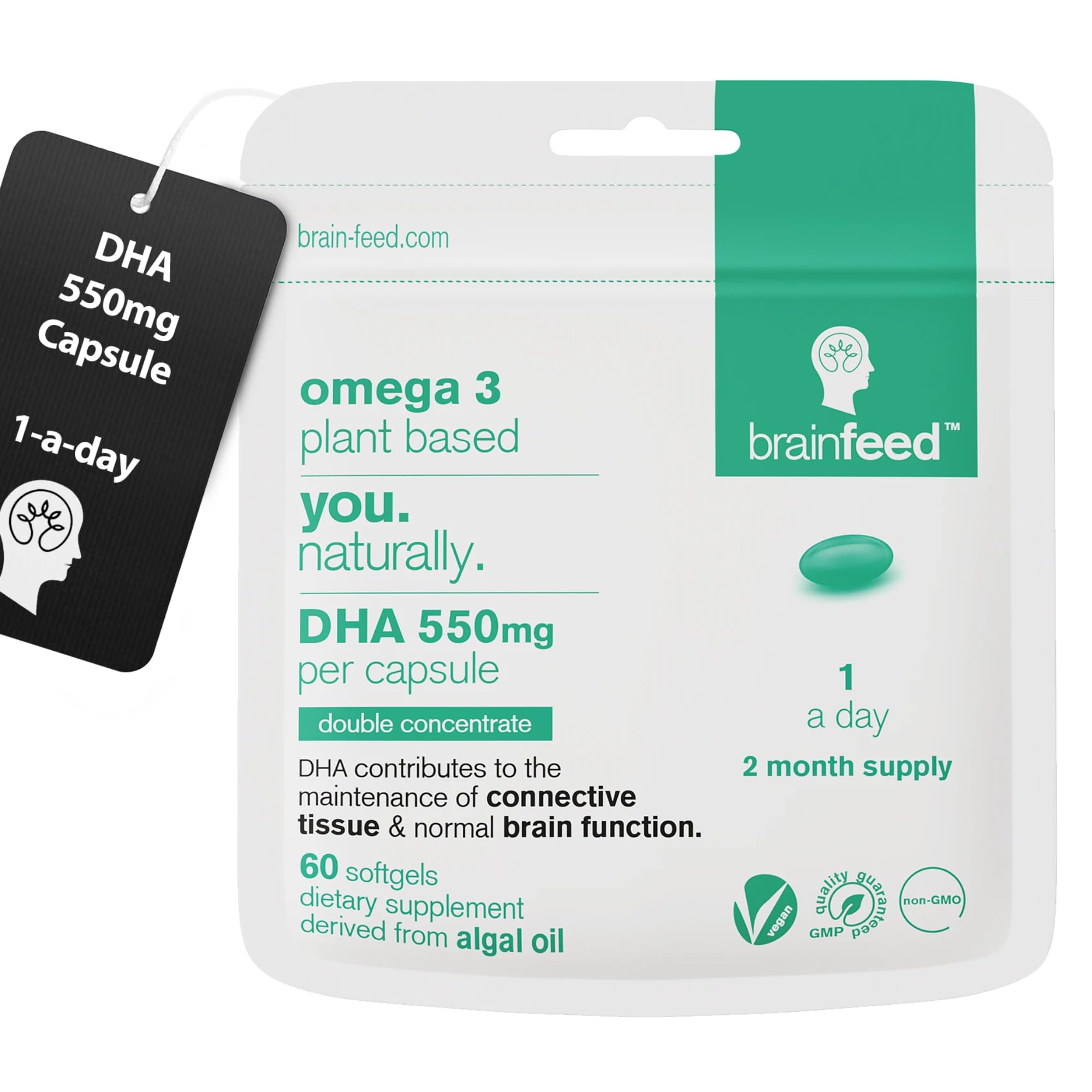 Omega 3 DHA 550mg Per Capsule for Brain & Eye Health (60) | 1-A-Day | Vegan Omega 3 Algae Oil | High DHA Supplements | Double Concentrated Algae Omega 3 Vegan DHA | 2 Month Supply
