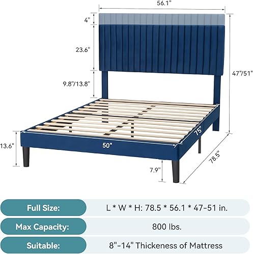 Miniatura 82 de HOOMIC Base de cama de plataforma de tamaño matrimonial, cama tapizada de terciopelo moderno con cabecera capitoné de canal vertical ajustable,