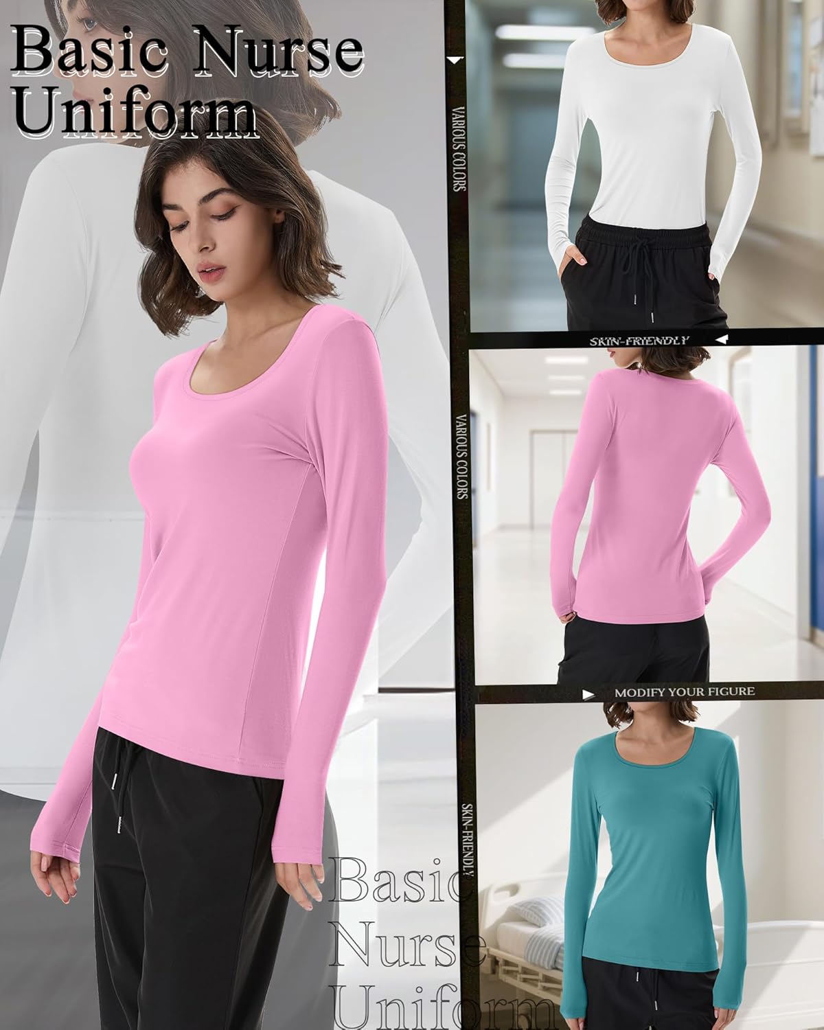 Neer 3 Pack Women's Long Sleeve Underscrub Shirts Scoop Neck Soft Scrub Undershirts for Nurse Basic Stretchy Layering Tops - Image 5