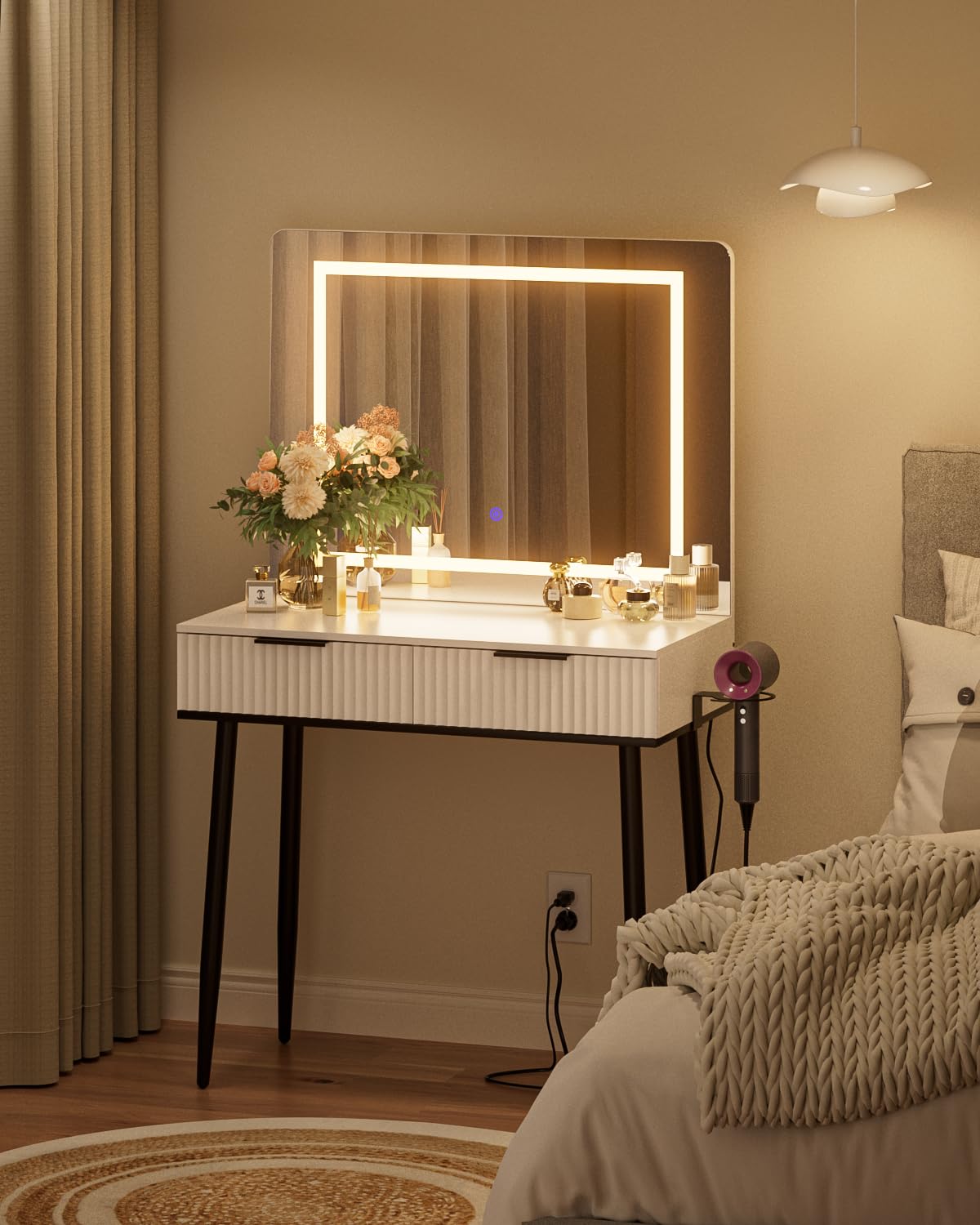 Apetaccat Dressing Table with Mirror, Dressing Tables, Dressing Table with Lighting Color Adjustable, Modern Cosmetic Table with 2 Drawers, White with Black Legs