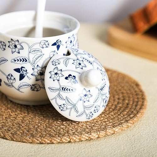 Miniatura 6 de Azucarero de cerámica Tarro de flores azules y blancas Tarro de almacenamiento de sal y pimienta con tapa y cuchara