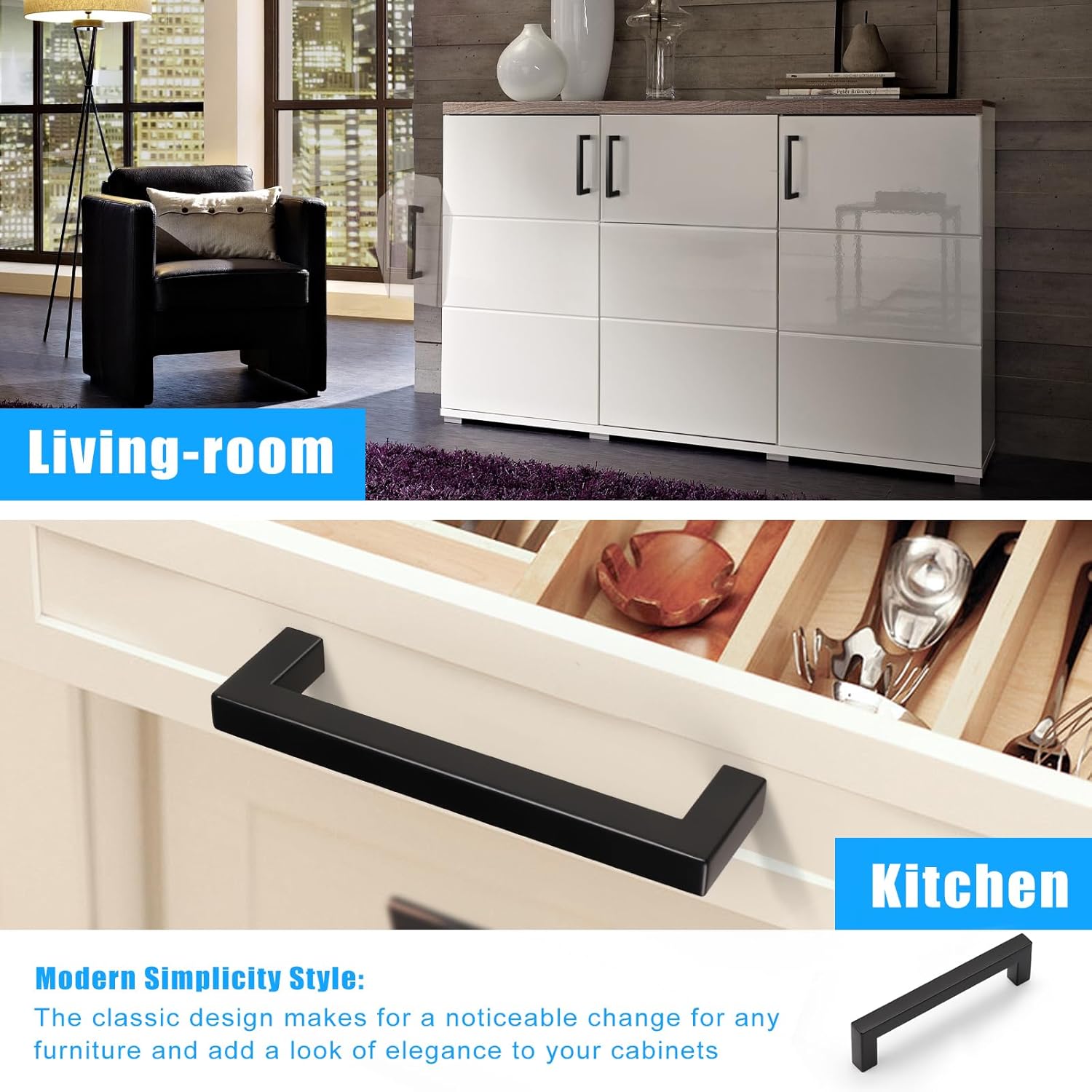 KNOBWELL 20 Pack| 5 inch Square Kitchen Cabinet Handles, 128mm Matte Black Cupboard Pulls, Dresser Drawer Knobs and Pulls Bathroom Cabinet Handles