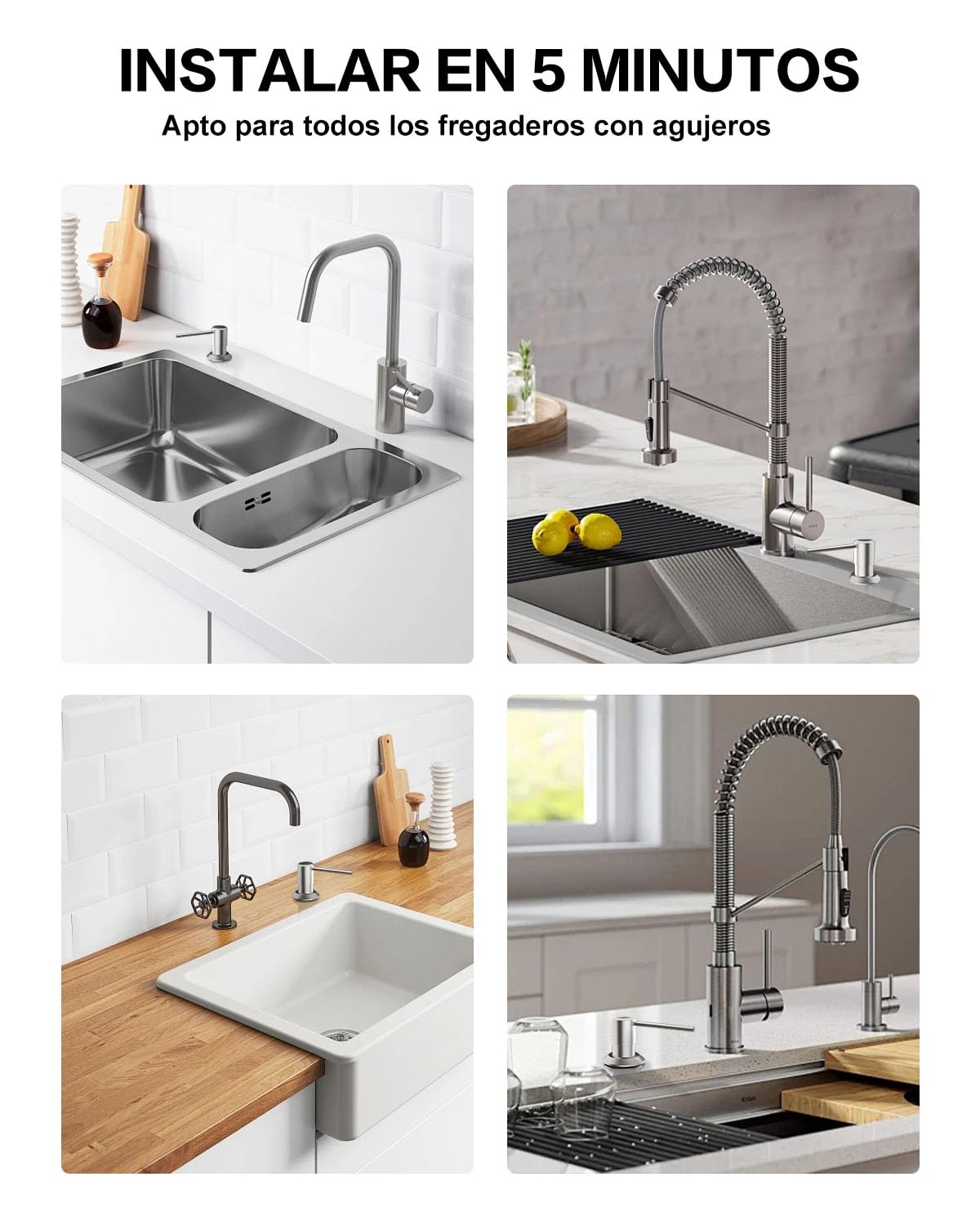 Dispensador Jabon Cocina Bajo Encimera, Dosificador para Fregadero | Dispensador de Detergente con Botella de 300ml y Manguera de 1,2 M, Dispensador Líquido Cobre, Tuerca Metal, Cepillado Plata