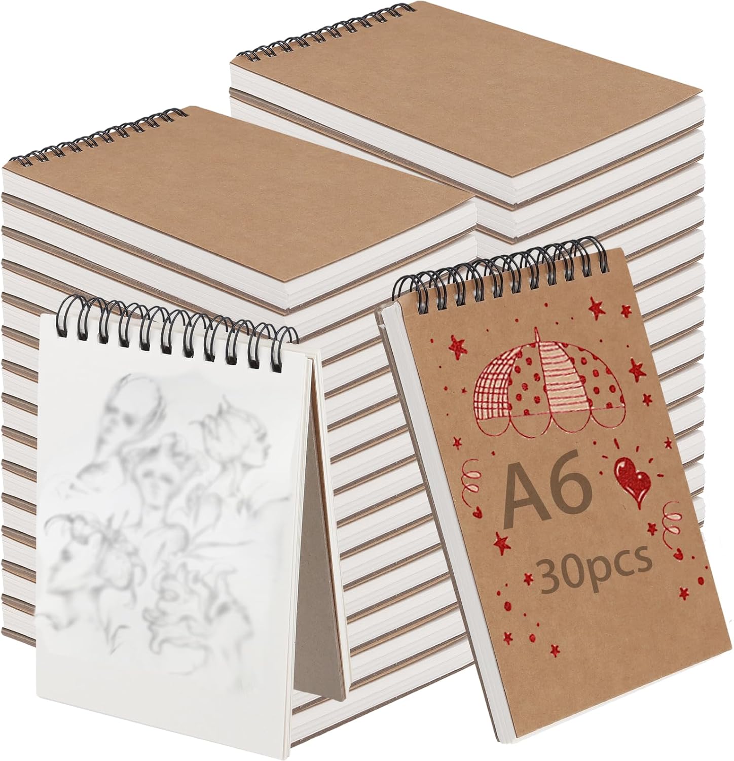 KINJOEK 30 PCS A6 Sketchbooks, 120 Pages 60 Sheets Top Spiral Bound Sketch Pads, A6 Kraft Cover Blank Spiral Notepads for Drawing, Sketching, Painting, Writing