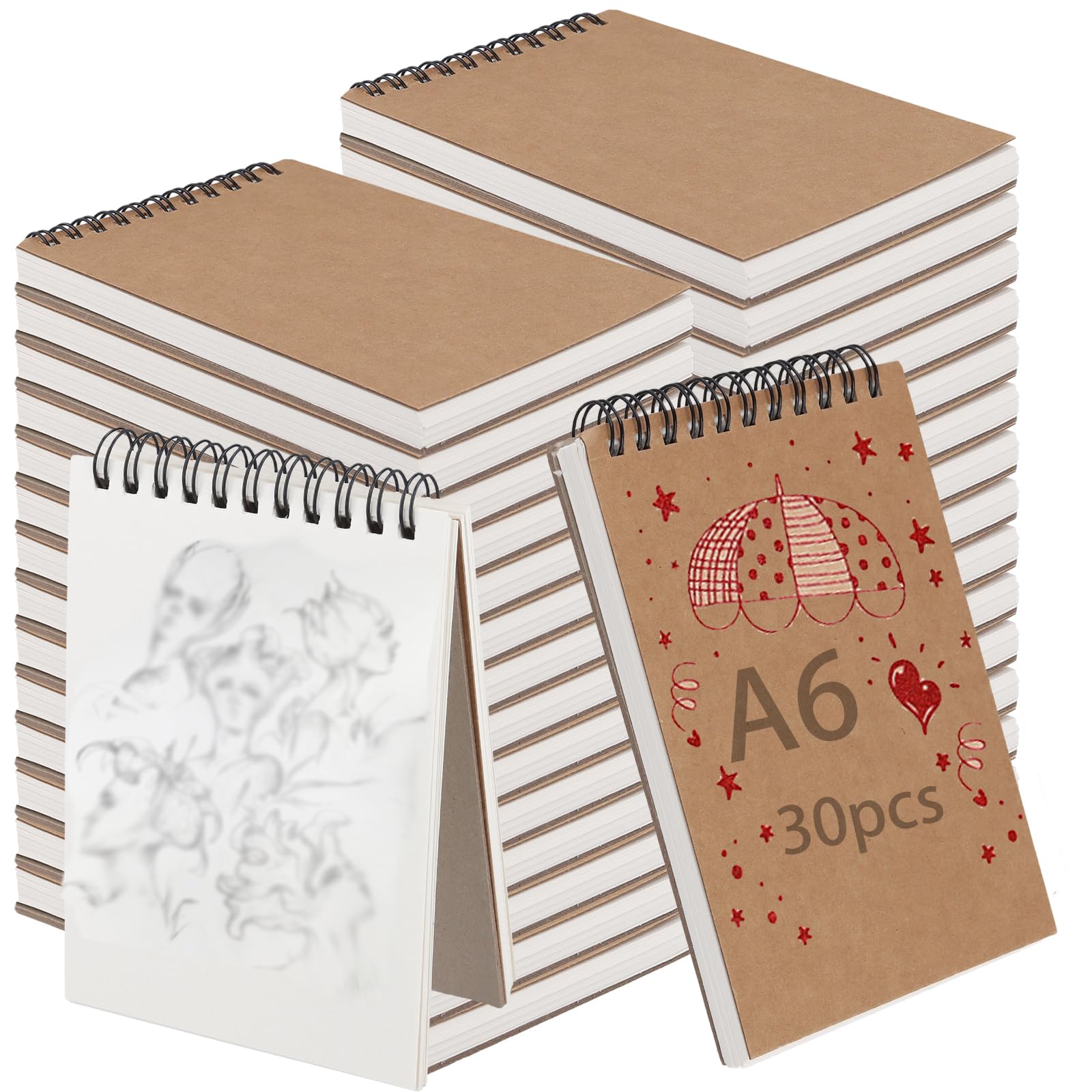 KINJOEK 30 quaderni da disegno A6, 120 pagine, 60 fogli con rilegatura a spirale, copertina in carta kraft A6, blocchi vuoti a spirale per disegnare, schizzi, pittura, scrittura