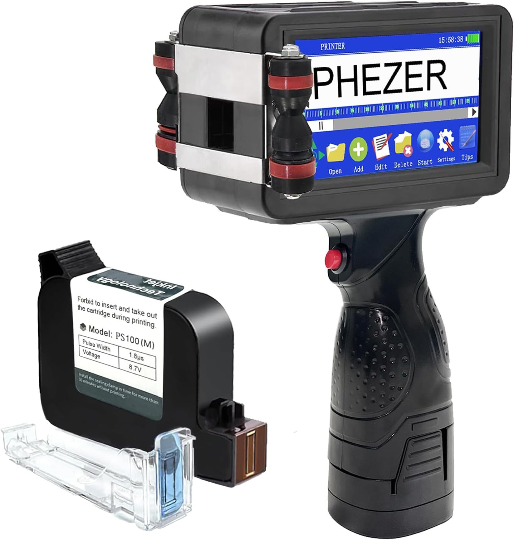 Phezer Portable P16 Handheld Inkjet Printer for Any Surface, Quick-Drying Ink Cartridge Included, Intelligent 360° All-Round Coding Machine for Business Expiry Date/Time/Barcode/QR Code/Logo