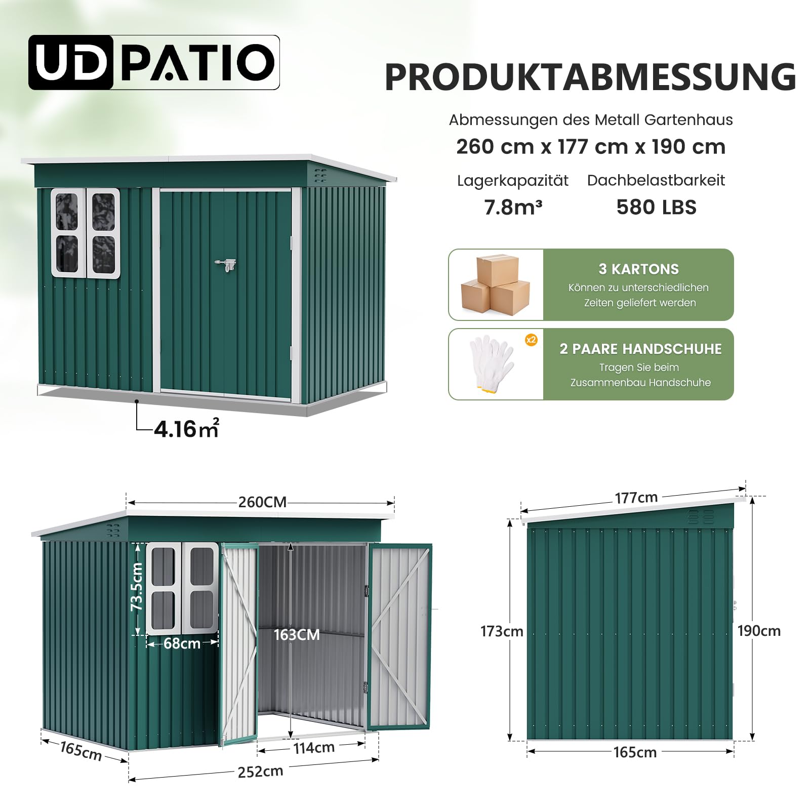 UDPATIO Metalowy domek ogrodowy, 260 x 176 x 190 cm, z oknem, zamykanymi drzwiami i wentylacją, garaż rowerowy z dachem jednospadowym, szopa na narzędzia, wyposażenie, wodoszczelna, ocynkowana stal