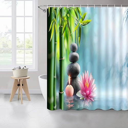 Miniatura 4 de Cortinas de ducha con diseño de paisajes, diseño de flores de bambú verde, flor de loto, decoración de baño, tela de poliéster, juego de cortinas