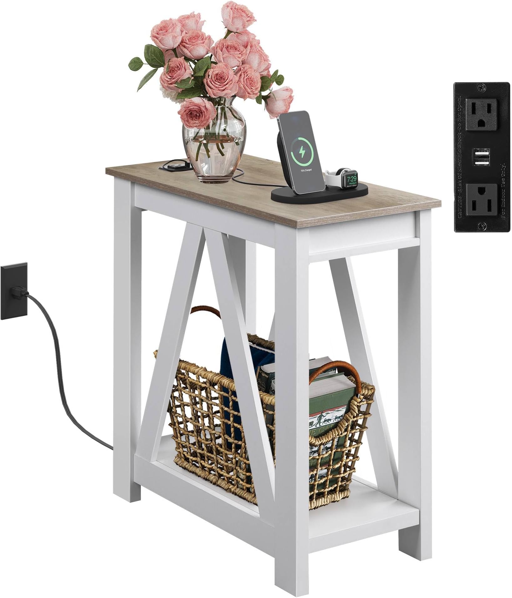 WLIVE Farmhouse End Table, Narrow Side Table with Charging Station, Slim End Table, Side Table for Bedroom, Living Room, Small Spaces, 2 USB and 2 Power Outlets, 11.8" D x 23.6" W x 23.74" H