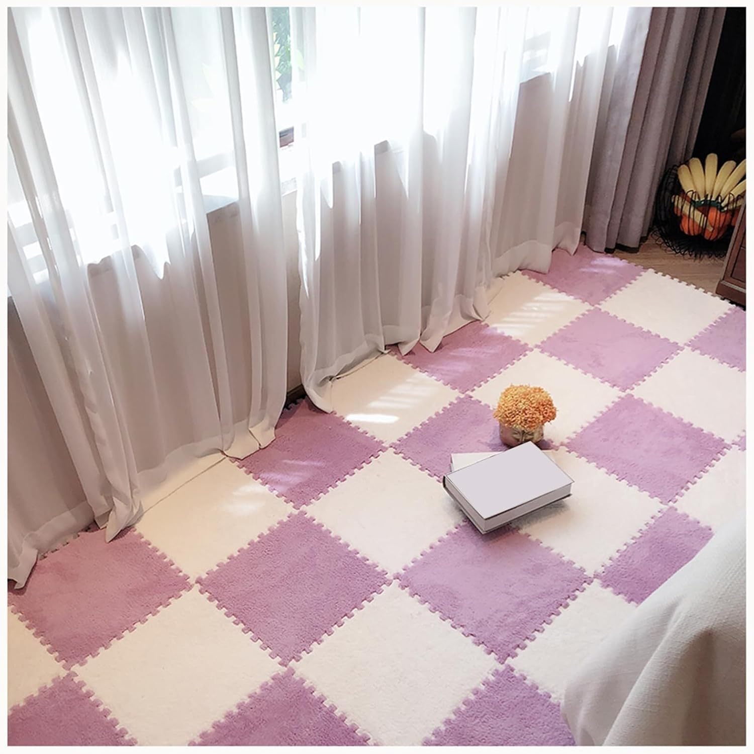 10pcs Non-Slip Bottom Carpet Puzzle Mats for Floor, 60x60x1cm Fluffy Jigsaw Shaggy Interlocking Foam Tiles Protection(White+Purple)