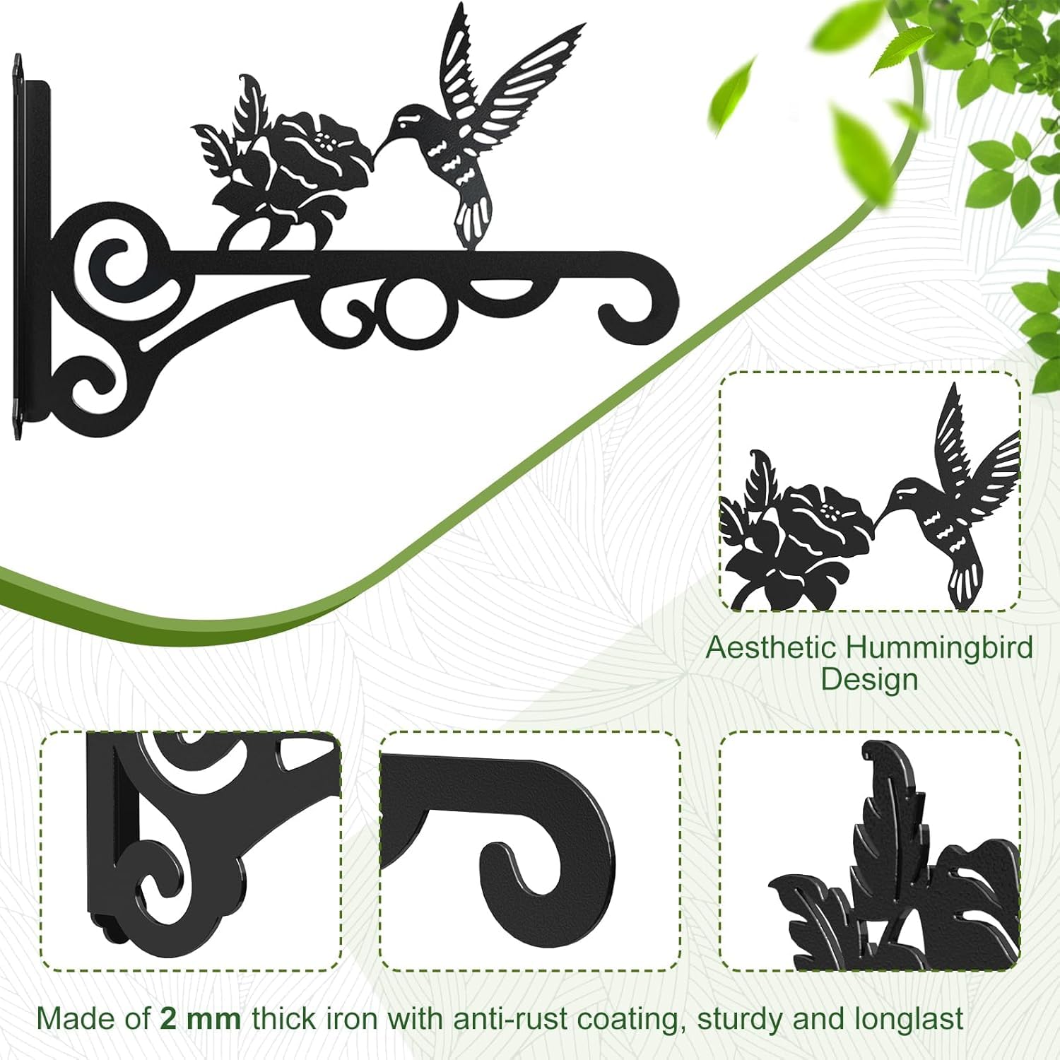 2 Packs Iron Plant Hanger,Hanging Basket Brackets Wall Hooks,Metal Hangers Outdoor, Heavy Duty Plant Hooks for Hanging Plants, Bird Feeder, Wind Chime, Lantern (Black 2 PCS) — view 6