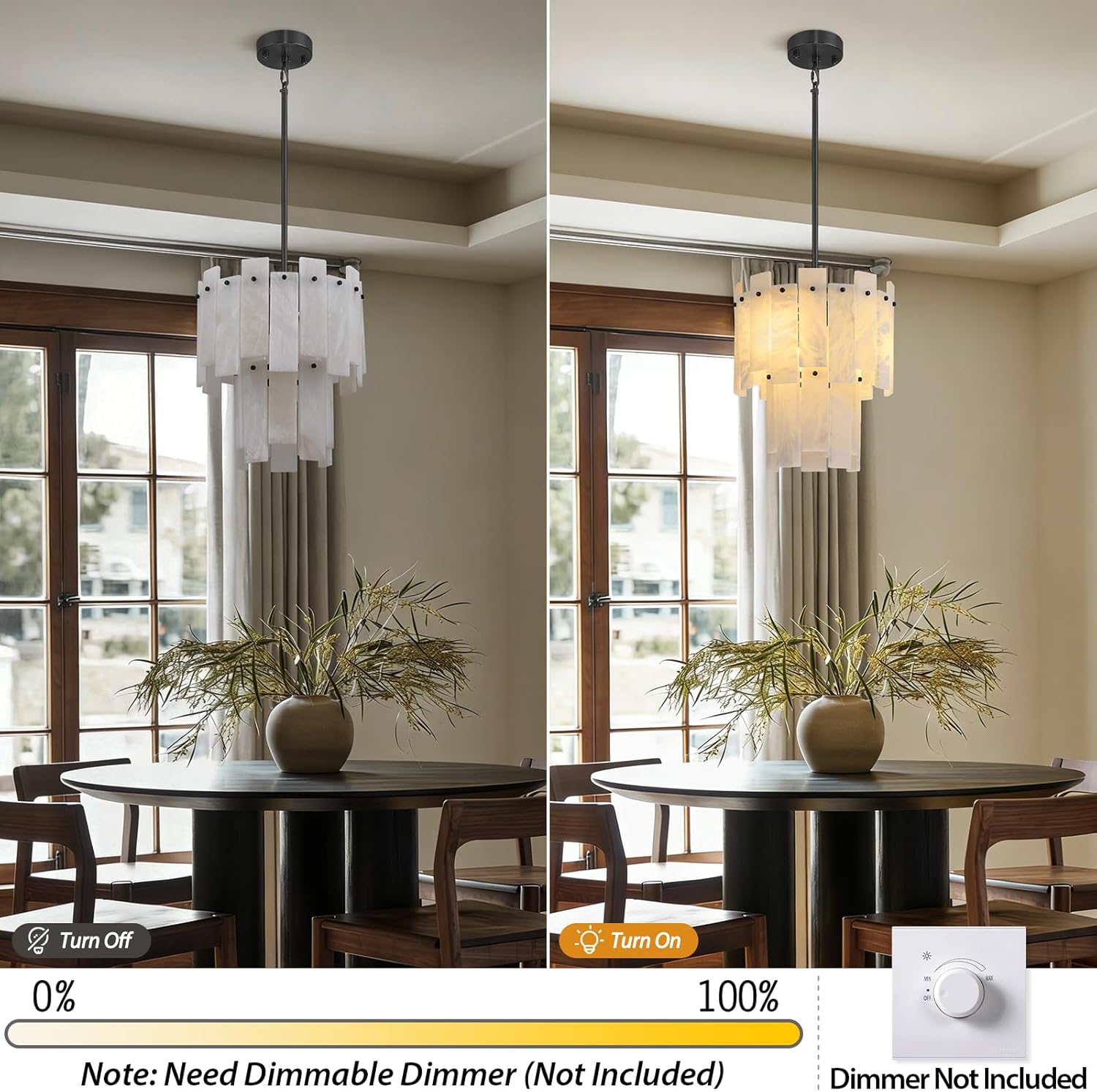 Alabaster Chandelier,13" Matte Black Natural Spanish Alabaster Pendant Light,2-Tier Round Marble Chandeliers Modern Small Chandelier for Kitchen Island,Dining Room,Foyer,Bedroom,E12 Bulbs