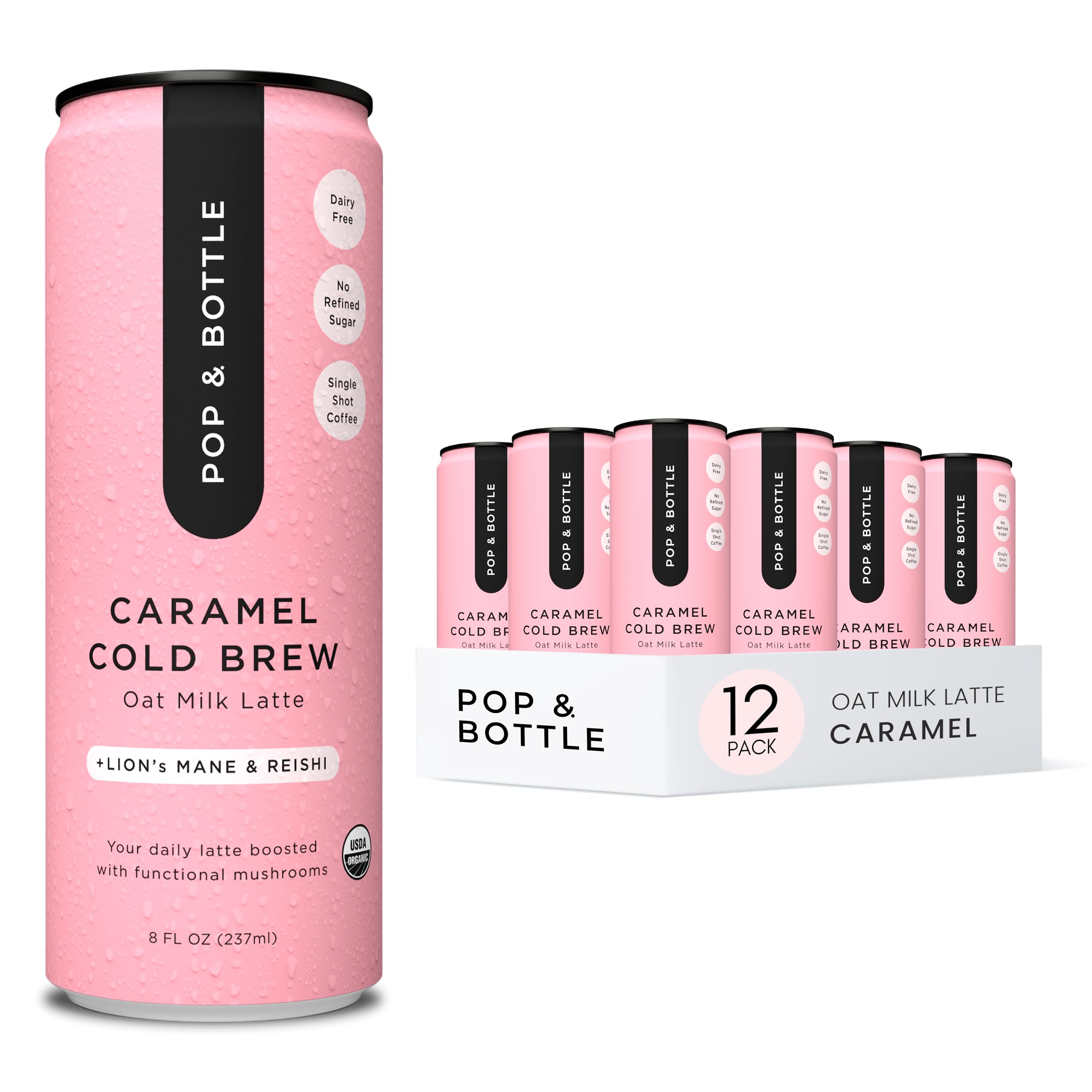 Pop & Bottle, Oat Milk Lattes - Cold Brew with Lions Mane & Reishi, MCT Oil, Single Shot Cold Brew, Mushrooms, Organic, Dairy Free, Gluten Free, Great as Iced Coffee, Lightly Sweetened with Dates - Caramel, 8 Fl Oz (12 Pack)USDA Organic