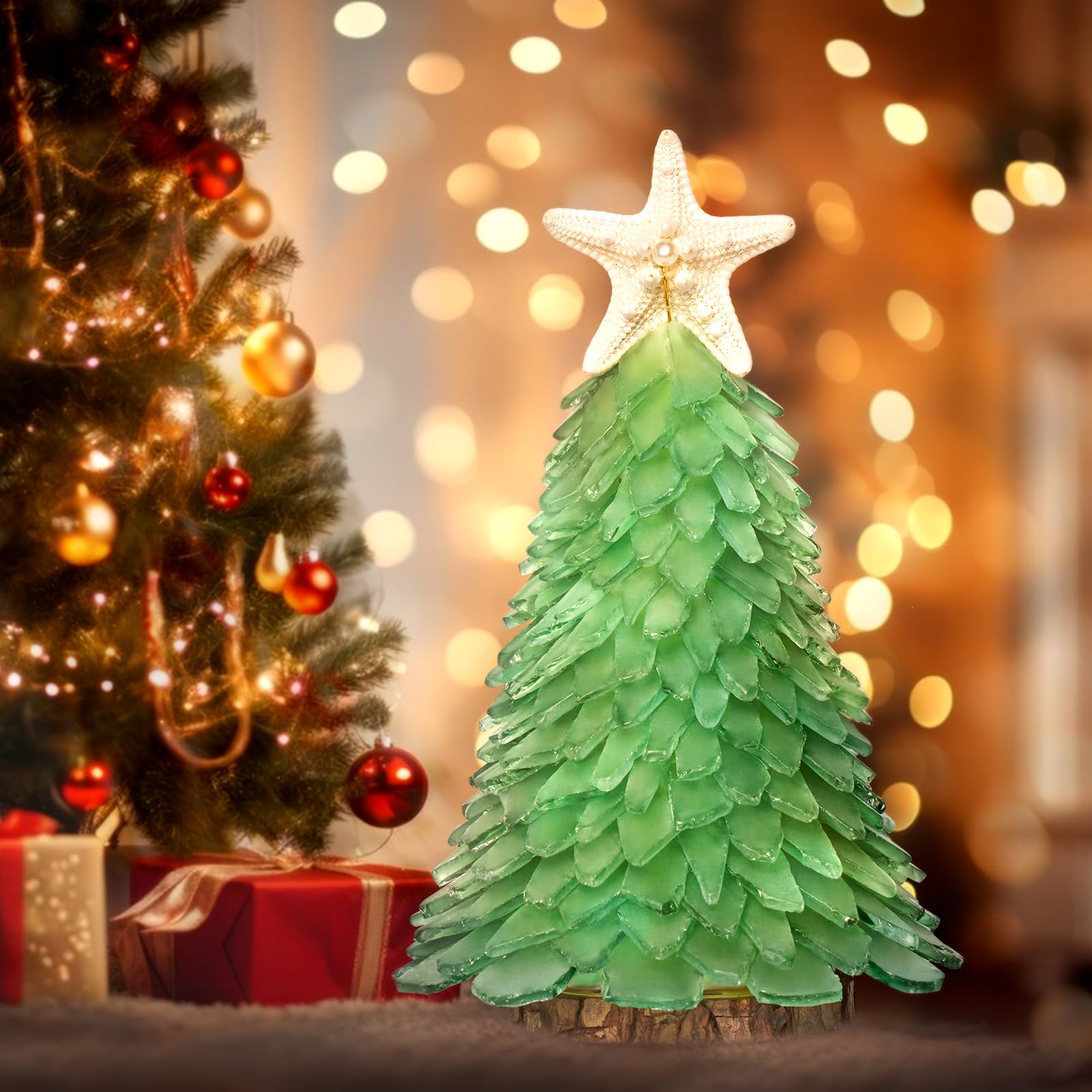 Árbol de Navidad de cristal de mar verde, mini árbol de Navidad hecho a mano, centro de mesa, ideal para Navidad, Año Nuevo, decoración del hogar, decoración de vacaciones costeras y más