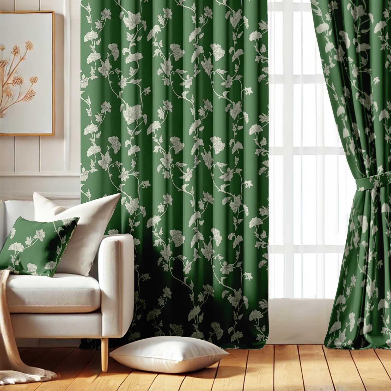 Room Darkening Curtains - Mini Leaf Trail Pattern, Set of 2 Panels, 42" x 63" - Grommet-Top Blackout Window/Door Drapes for Bedroom, Nursery & Living Room - Green