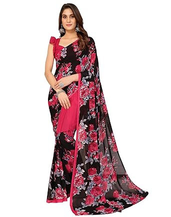 Yashika Womens latest Georgette Saree with Unstitched Blouse Material - Suitable For Party, Festival and Wedding