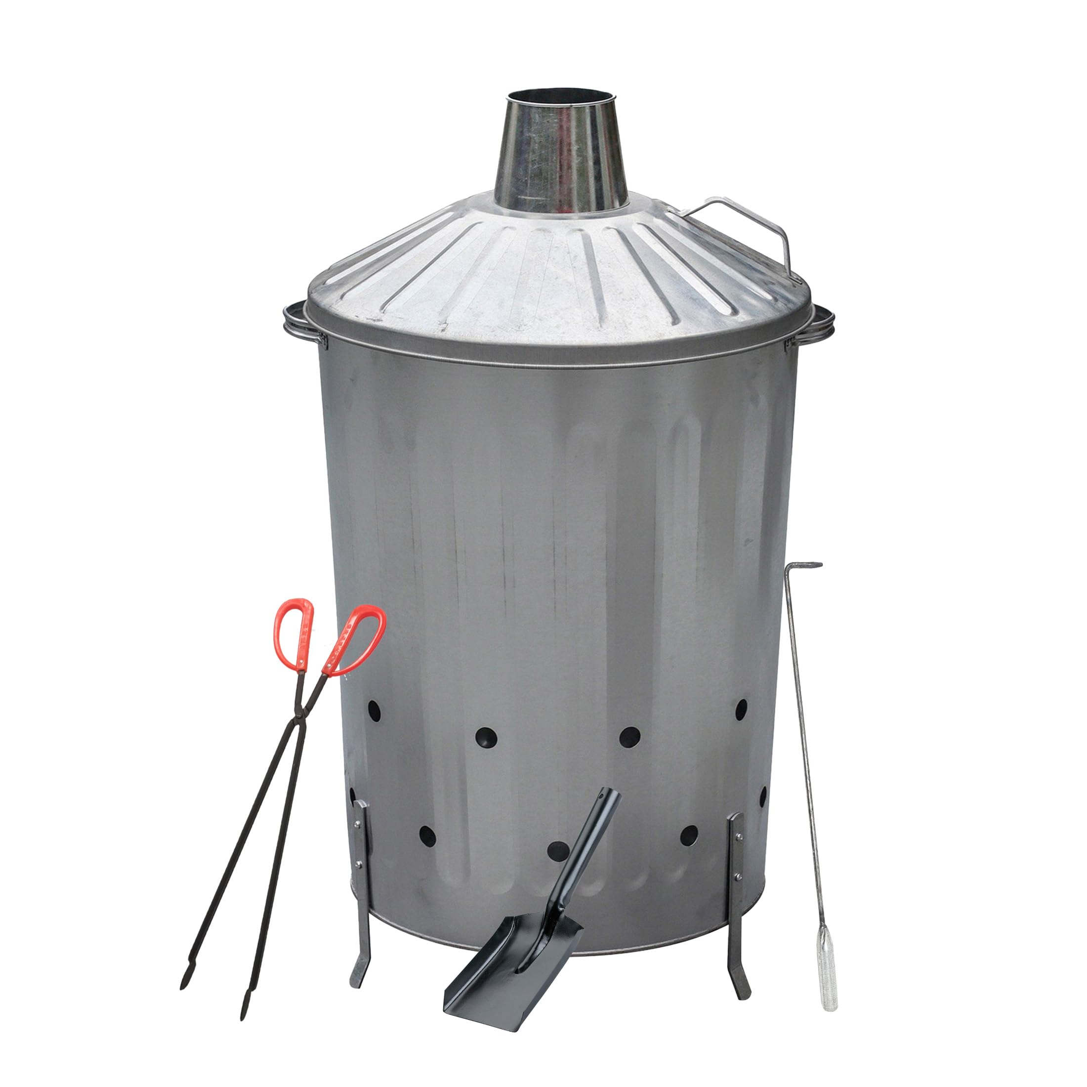 simpa 90L 90 Litre Galvanised Incinerator with Locking Lid Feature, Poker and Safety Fire Pit Tongs - 35cm/14 — image 1