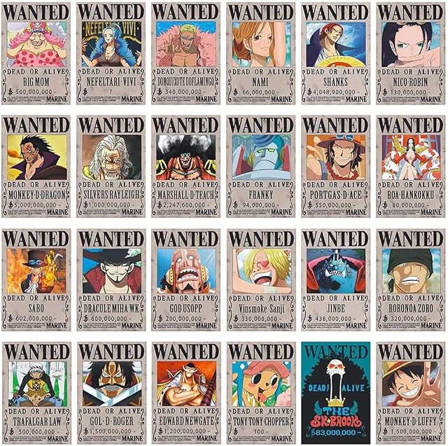 One Piece Posters, 24 pcs One Piece Wanted Poster Anime Collage Kit Anime Posters for Bedroom, Japanese Anime Poster, Poster Wall Art, Kraft Paper Poster for Walls for Anime Lovers