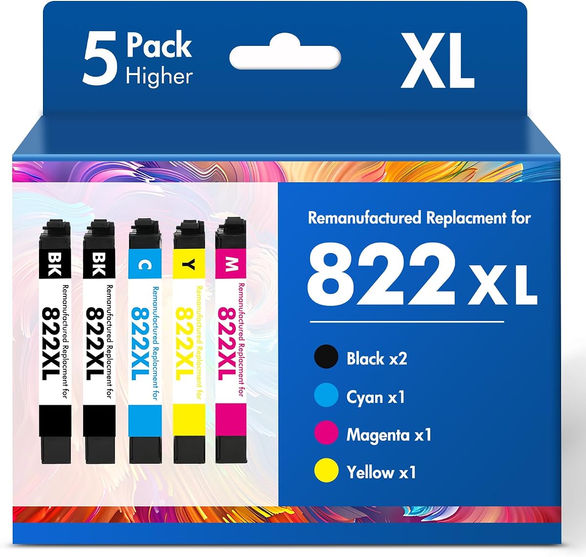 Remanufactured Compatible for 822XL for Epson WF-3820 Printer Ink Cartridge | Compatible for 822 Combo Pack for Epson Workforce Pro WF3820 WF 3820 WF-4830 WF-4833 WF-4820 WF-4834 WF-3823 (5 Pack, 2BKCMY)
