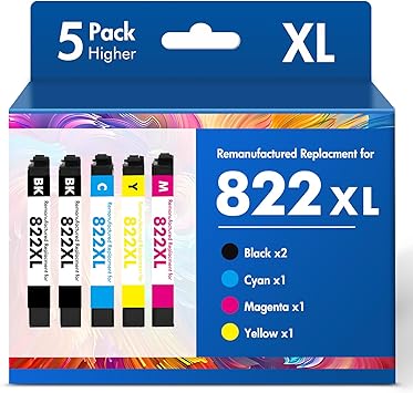 Remanufactured Replacement for 822XL WF-3820 Printer Ink Cartridges Combo Pack Compatible for 822 for Epson Workforce Pro WF-4830 WF-4833 WF-4820 WF-4834 WF-3823 5 Pack, 2Black Cyan Magenta Yellow