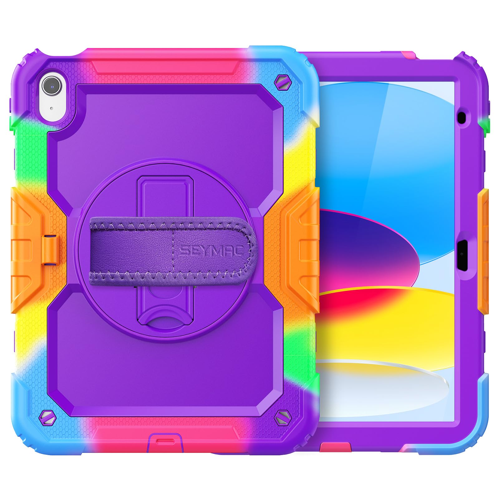 SEYMAC Funda para iPad (A16) 11/10 Generación 2025/2022 (11/10,9 Pulgadas), Resistente a los Golpes con Protector de Pantalla, Soporte Giratorio de 360°, Soporte para Lápiz, Camuflaje Morado