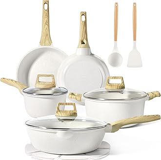 Pots and Pans Set Non Stick - 10 Pcs White Granite Kitchen Cookware Sets Nonstick Induction Cookware Cooking Pan Set with Frying Pans, Saucepans and Silicone Utensils, PFOS & PFOA Free