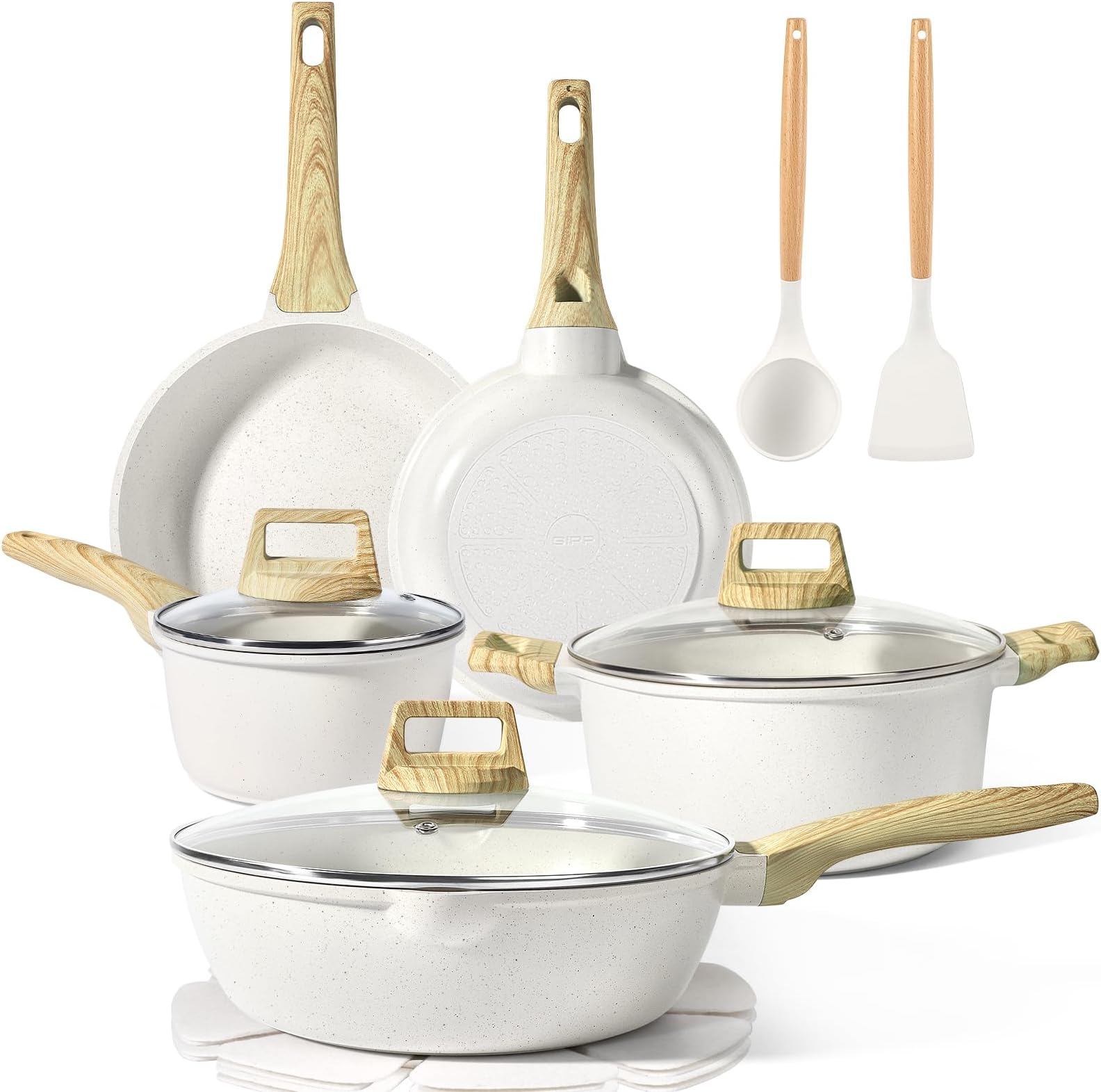 Pots and Pans Set Non Stick - 10 Pcs White Granite Kitchen Cookware Sets Nonstick Induction Cookware Cooking Pan Set with Frying Pans, Saucepans and Silicone Utensils, PFOS & PFOA Free