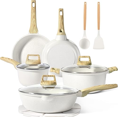 GiPP Juego de ollas y sartenes antiadherentes, 14 piezas de utensilios de cocina de granito blanco, utensilios de cocina antiadherentes de inducción
