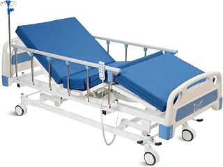Real Relax 3 Function Full Electric Hospital Bed, ICU Electric Medical Bed with 4 inch Foam Mattress & IV Pole, Dining Table Board, Central Locking System with 5 inch Casters, 530LBS Loading.
