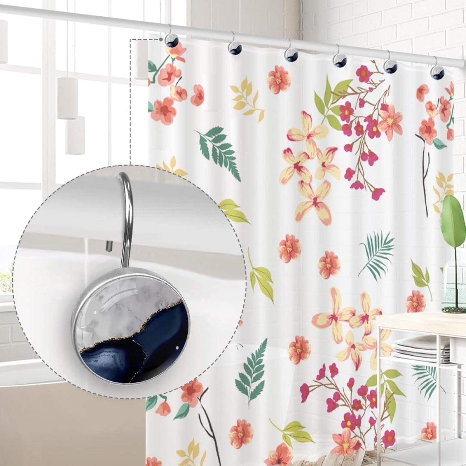 White Navy Blue Silver Marble Decorative Shower Curtain Hooks Rings Set of 12 Hooks for Shower Curtain Stainless Steel Rustproof Curtain Rings for Bathroom