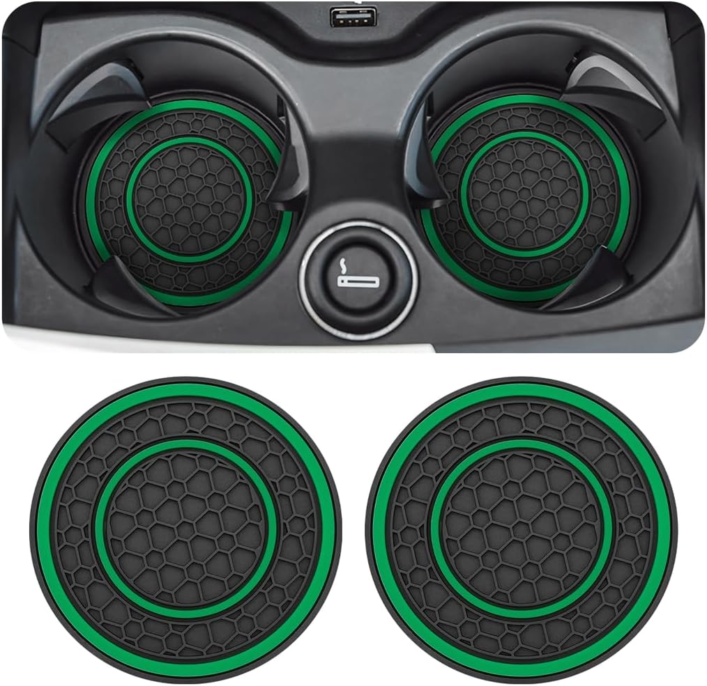 2 Pack Car Coasters for Cup Holder, 2.75 Inch No-Slip Anti Dust Insert Coaster, Universal Auto Waterproof Coasters Silicon Insulation Cup Mats for Woman Man, Suit for Vehicle Interior (Green)