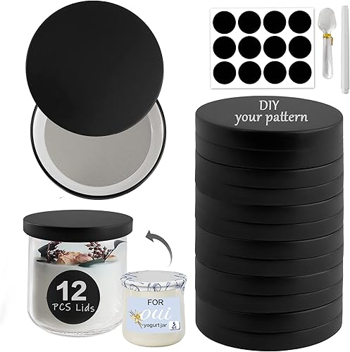 Oui - Tapas para tarros de yogur, paquete de 12 tapas de metal negro para contenedor de yogur Yoplait, tapas para tarros de yogur oui con etiqueta