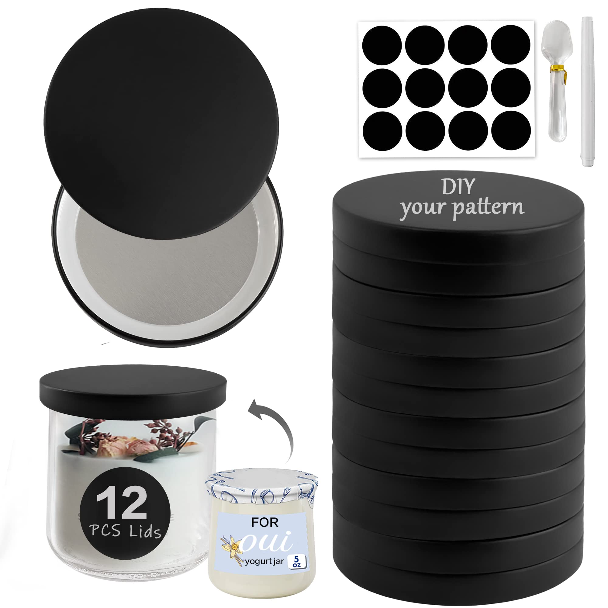 Oui Yogurt Jar Lids 12 Pack Black Metal Oui Lids for Yoplait Yogurt Container,lids for oui yogurt jars with repeat writing label and white chalk
