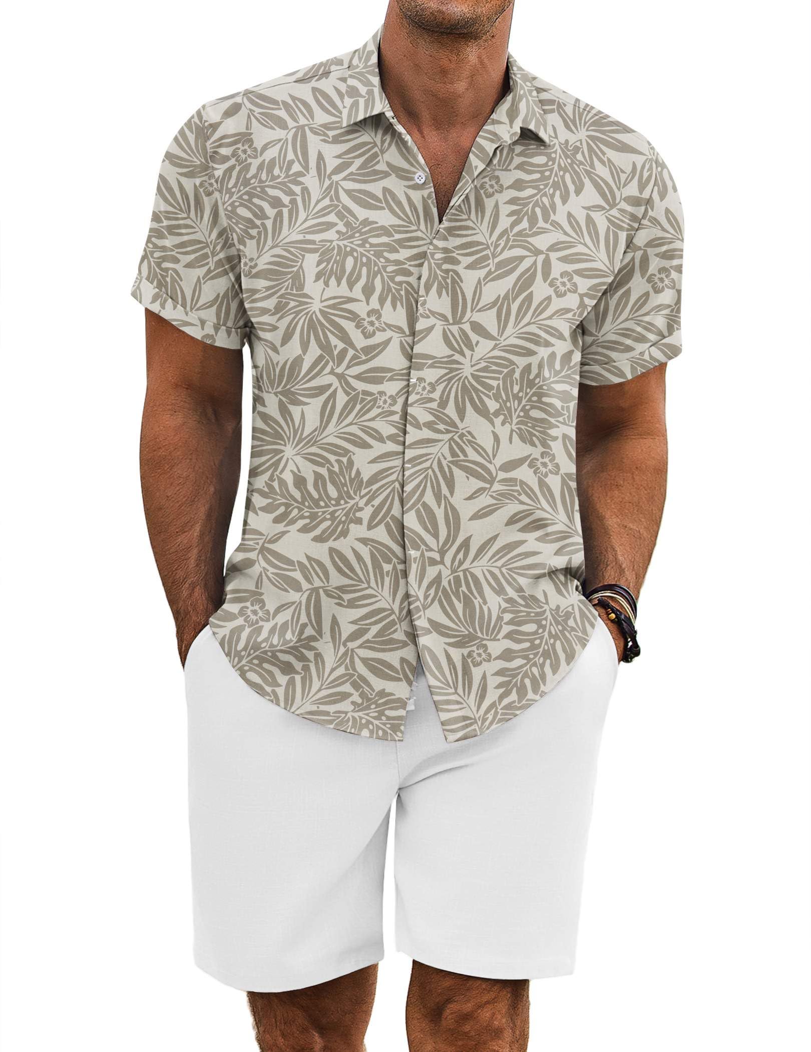 COOFANDY Men's Summer Beach Outfits 2 Piece Short Sleeve Shirts and Shorts Vacation Linen Texture Sets for Men