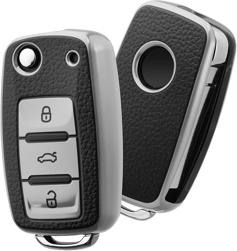 Capa protetora para chave automotiva Volkswagen em TPU macio, 3 botões, Leather Silver ELOHEI