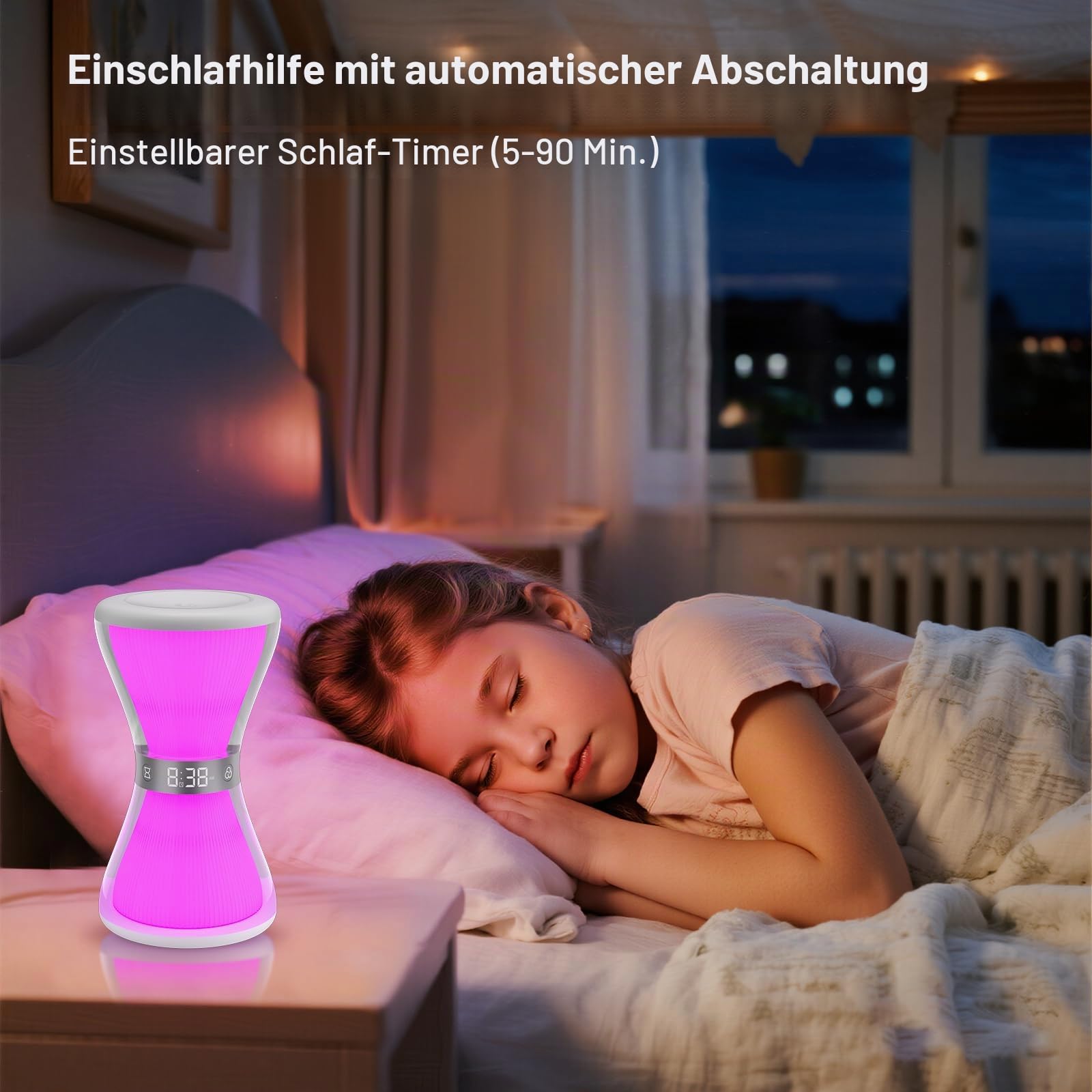 AFEXOA Digital Wecker mit Licht,Sanduhrform Tischuhr mit Snooze,Timer 5-90min,Dimmbar Nachtlicht,Geschenk für Mädchen Frauen Kinder Tageslichtwecker mit Regenbogen Stimmungslicht für Schlafzimmer