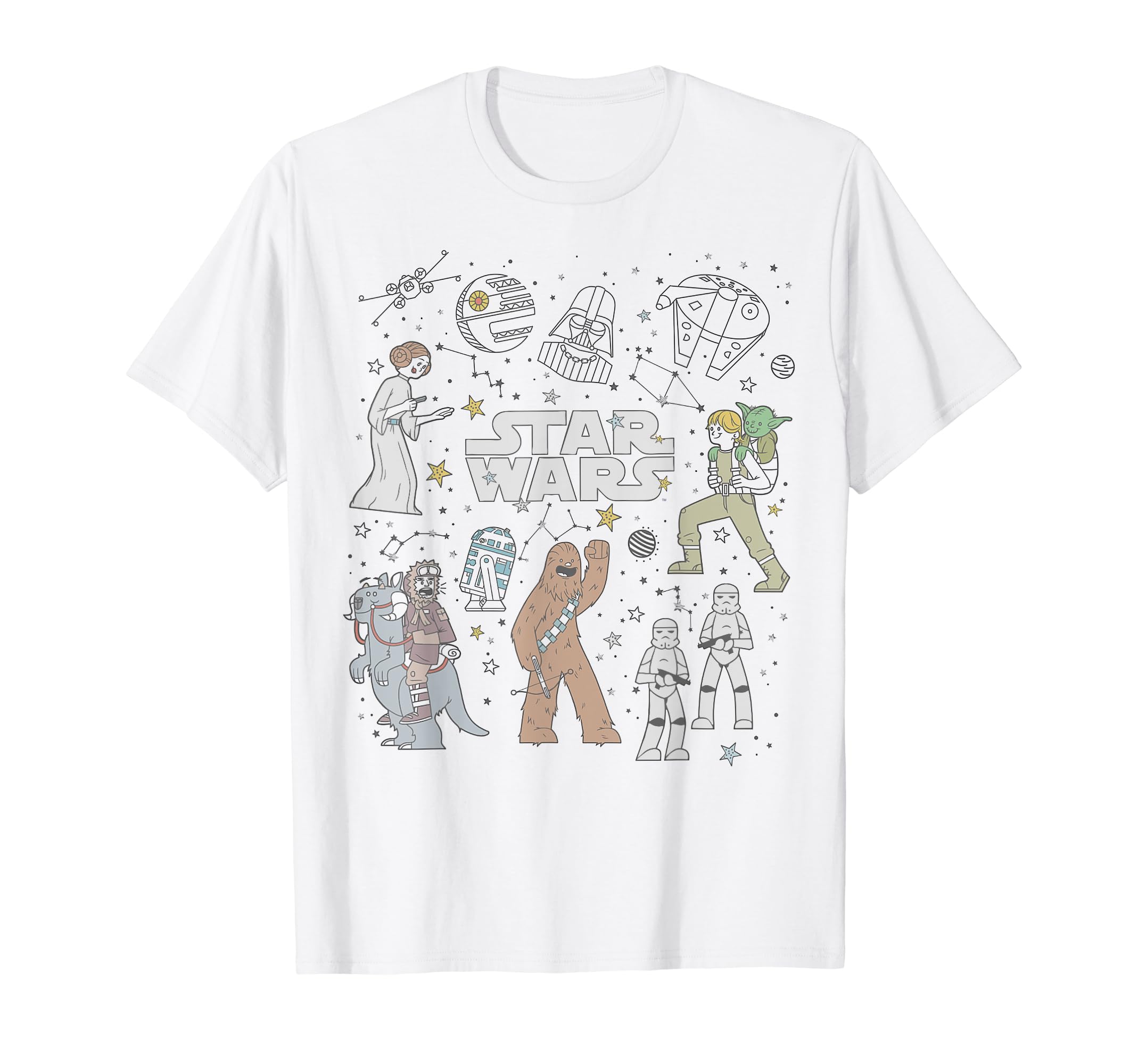 Star Wars Group Shot Constellation Doodles T-Shirt, Youth, Heather Grey, Large, 12 Years