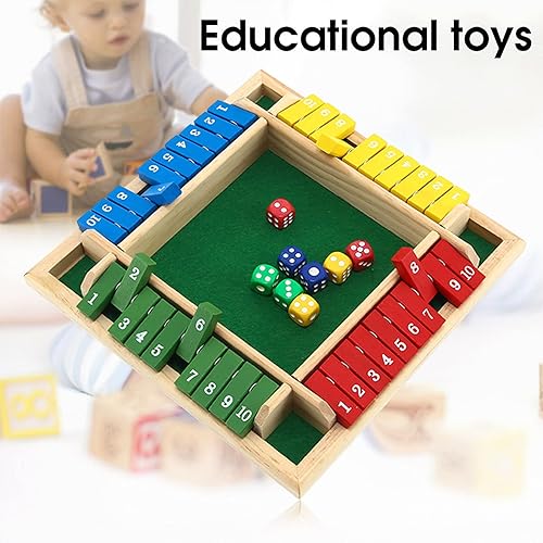 Miniatura 5 de Shut The Box - Juego de mesa de madera  2-4 jugadores 1-10 números juego de matemáticas de madera oscura con 8 dados, juego de estrategia clásico