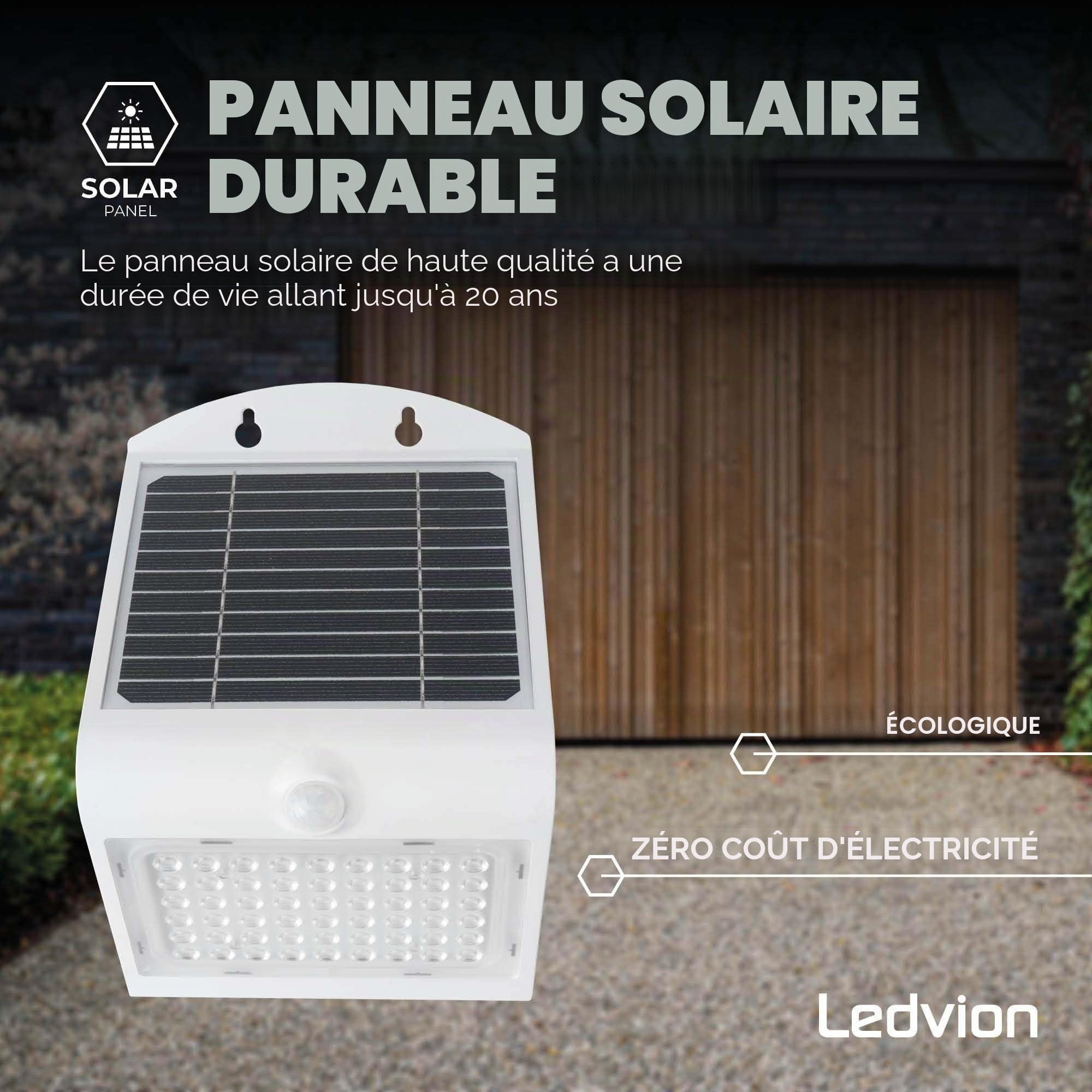 Ledvion - Applique LED Solaire Moderne, 4W, 3000K, IP65, Blanche, 220 Lumens, avec Détecteur de Mouvement, Énergie Solaire, Économe en Énergie & Résistante aux Intempéries