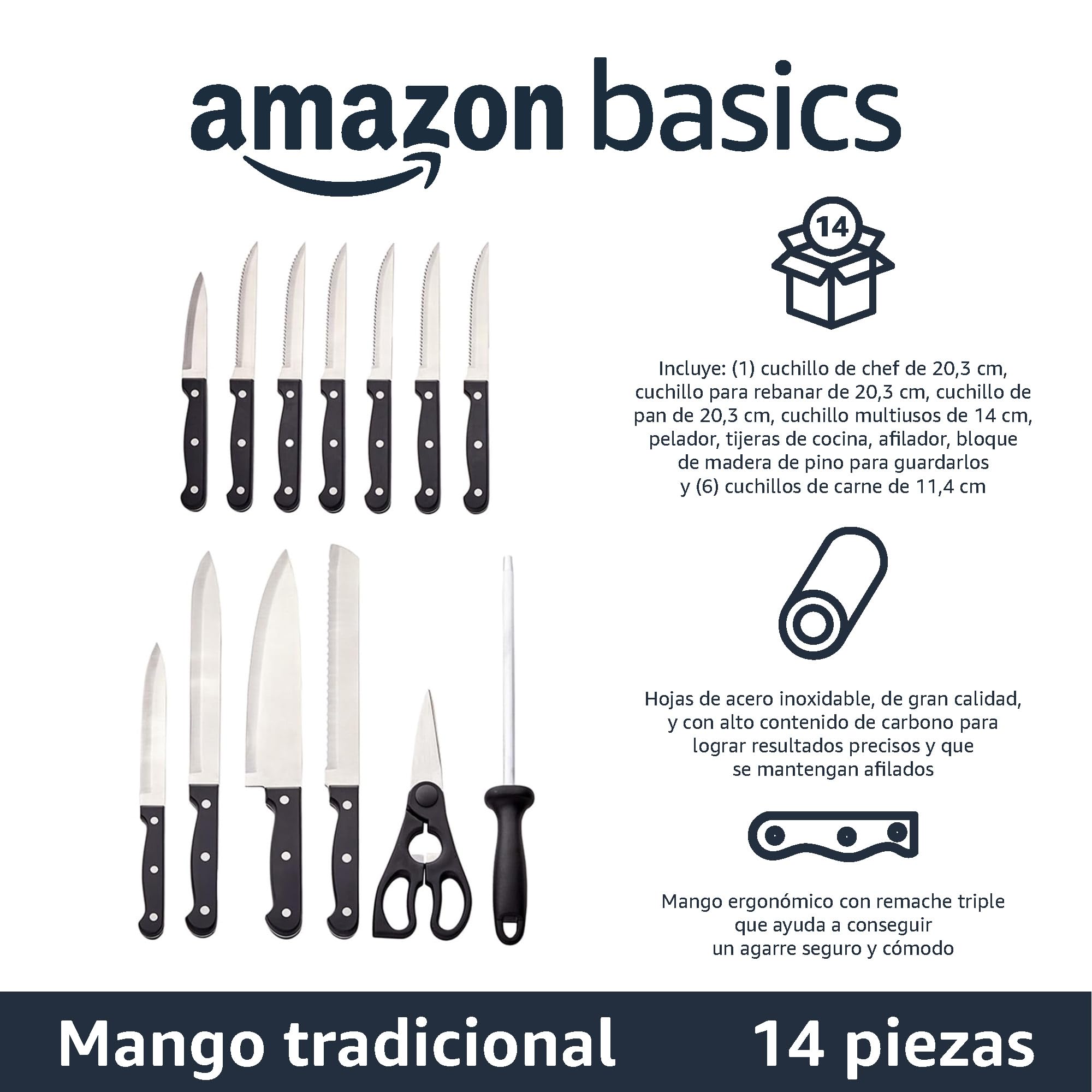 Amazon Basics Juego de Cuchillos de Cocina y Soporte (14 Piezas), Negro