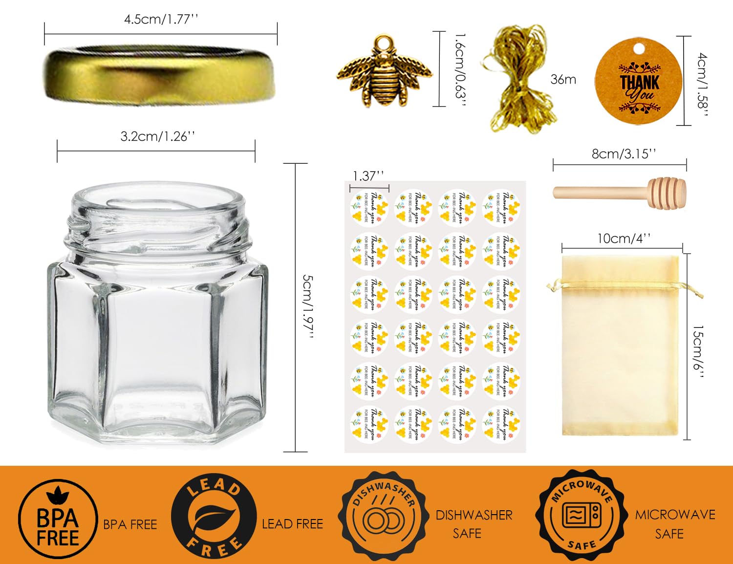 Petits Pots, Mini pots à miel, Petites boites avec cuillères et petites abeilles, sacs organza, ruban de satin, Confitures pot pour baptême, aux invités mariage, Petits cadeaux, Lot de 60 pots 45ml