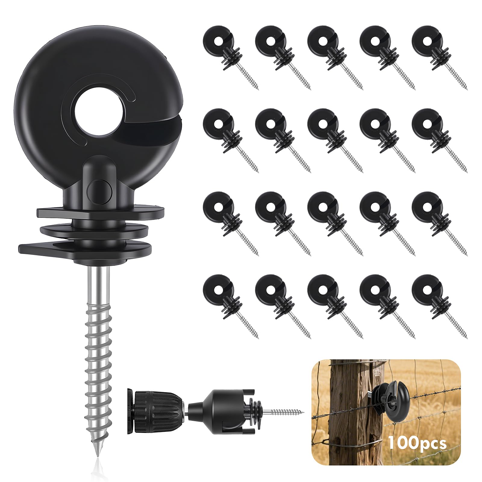 100 Pezzi di Isolatori ad Anello per Recinzione Elettrica, Isolatori per Recinzione da Pascolo con Chiave a Bussola, Pali Isolanti ad Anello Avvitabili per Corde, Fili e Trefoli
