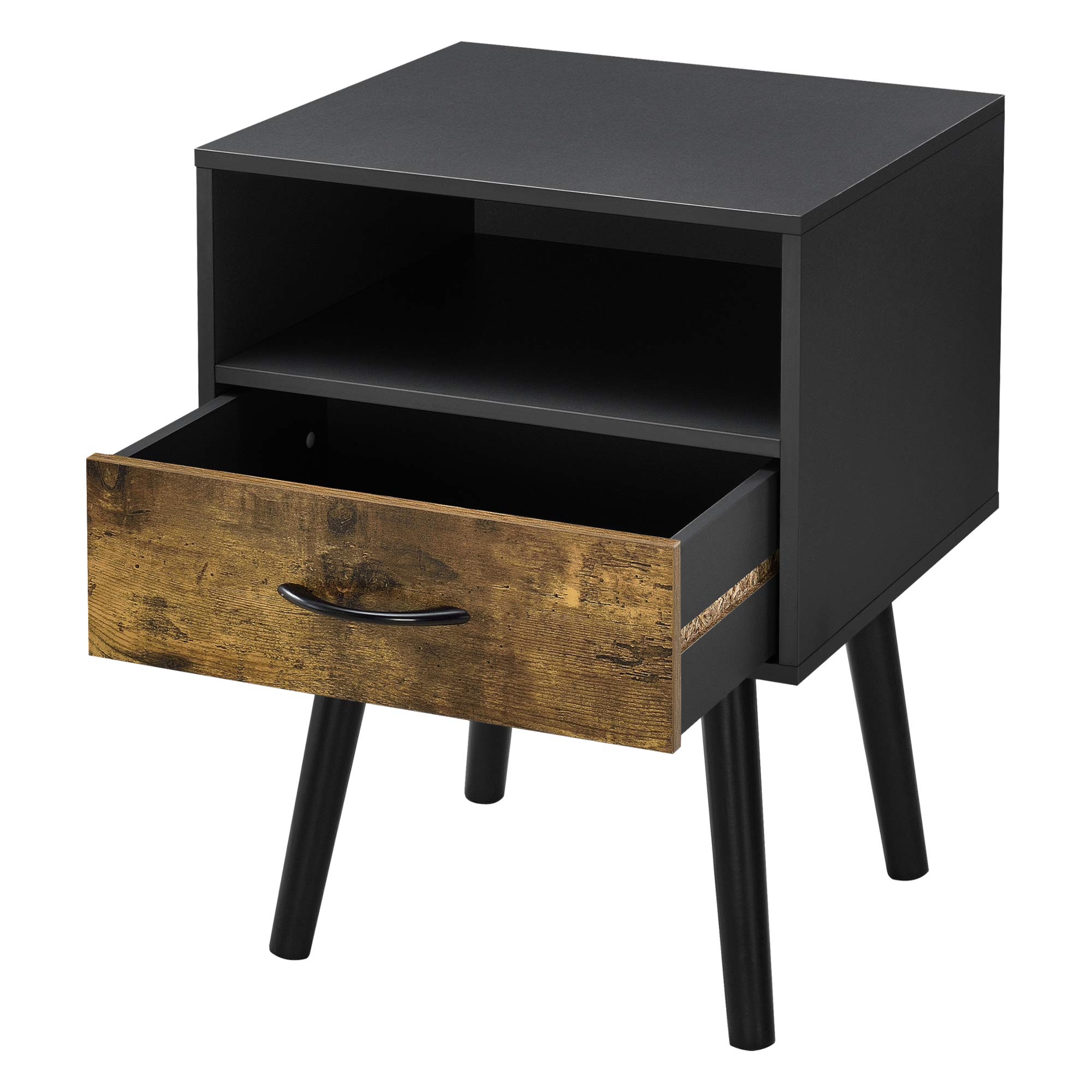 [en.casa] Comodino con Cassetto e Scomparto Aperto Tavolino Laterale per Divano Soggiorno Corridoio Mobiletto da Notte 57 x 42 x 40 cm - Nero/Effetto Legno Scuro