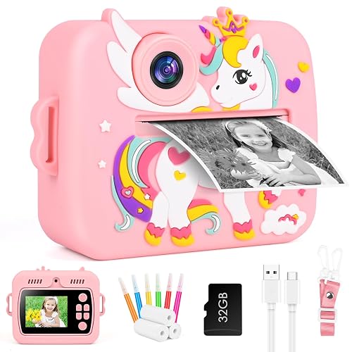 GuKKK Cámara Fotos Infantil Instantanea 12MP Selfi, Cámara Instantánea1080P 2,4''HD Video, Tarjeta SD 32GB